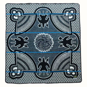 Top View of the Basotho Heritage blanket Kharetsa blanket, wrap or throw sustainably and ethically made in South Africa in South Africa chromatic royal blue and cobalt throw that shows the intricate detaila and craftsmanship of the Basotho Heritage blanket