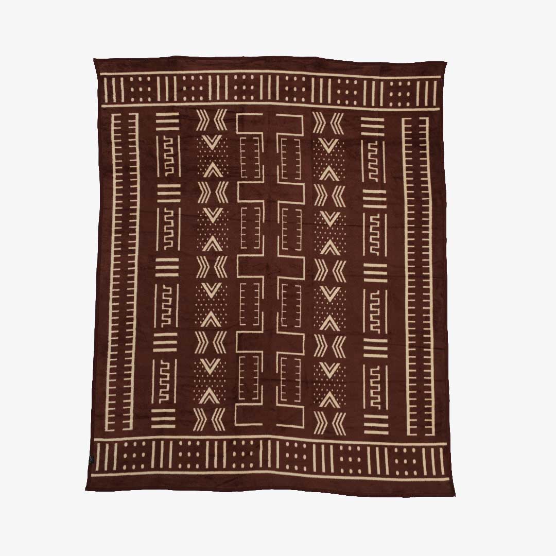 Top view of Mali cotton suede Mud Cloth wrap, blanket or throw sustainably and ethically made in South Africa that shows the blanket intricate design
