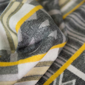 Extreme close up of the beautiful and vibrant throw Ghana Kente throw Sustainably and ethically crafted in South Africa, the My Africa collection is a range of incredibly soft, warm, and exceptionally durable blankets that take their inspiration from the cultures and people that inhabit this beautiful land. The images shows the softness and weave of the blanket