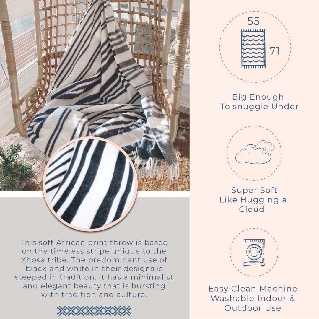 Thula Tula Blanket callouts for the Xhosa Stripe Throw shows sizing and close up of each African blanket