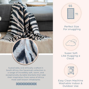 Thula Tula Blanket callouts for the African Zebra Throw and Blanket shows sizing and close up of each African blanket