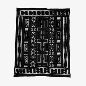 Top view black and white Mali cotton suede Mud Cloth wrap, blanket or throw sustainably and ethically made in South Africa that shows the blanket design and outlay